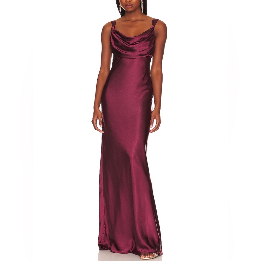 Revolve Tate Satin Cowl Neck Gown Wine